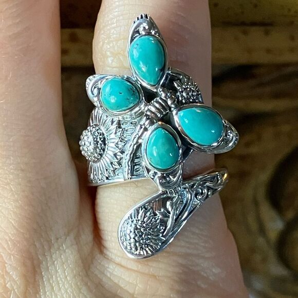 Sierra Nevada Turquoise Sterling Silver Butterfly Sunflower Ring Size 5 - Picture 1 of 9